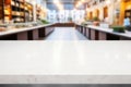 Blurred White Stone Table for Product Display in Bright Shopping Centre or Restaurant Interior