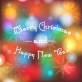 Blurred winter holidays background with Merry Christmas and Happy New Year text. Greeting banner with magic lights and traditional