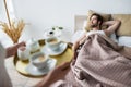 blurred woman holding tray with cups Royalty Free Stock Photo