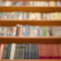 Blurred Wooden Bookshelves With Various Colorfull Hardcover Books. Learning, Studying Background Pattern.