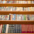 Blurred Wooden Bookshelves With Various Colorfull Hardcover Books. Learning, Studying Background Pattern. Royalty Free Stock Photo