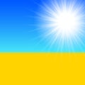 Blurred yellow field and blue sky with summer sunburst background in Ukrainians flag style. Jpeg sunbeams banner. Bright Royalty Free Stock Photo