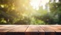 a blurrred wood tabletop on top of a tree and nature background. Royalty Free Stock Photo