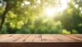 a blurrred wood tabletop on top of a tree and nature background. Royalty Free Stock Photo