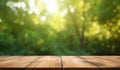 a blurrred wood tabletop on top of a tree and nature background. Royalty Free Stock Photo