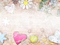 Blurry abstract valentines day, christmas background. Gingerbread hearts, snowflakes, flower on a wooden background