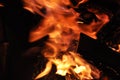 Blurry bonfire is blazing. Burning fire texture. Abstract flame blurred motion on black background. Fiery flames in darkness. Royalty Free Stock Photo