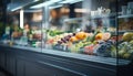 Blurry bright interior of a well stocked big grocery store with vibrant displays and filled aisles