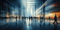 Blurry businesspeople walking office interior with sunlight. Generative AI