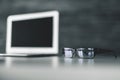 Blurry desktop with empty laptop Royalty Free Stock Photo