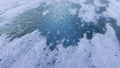 Blurry frozen water drops on ice crust. Abstract background of blue metal surface covered with ice and snow. Frosty crystals