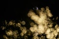 Blurry glowing bokeh lights highlighted on a black background. Festive golden glowing background with yellow lights