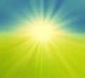 Blurry green field and blue sky with summer sun bu Royalty Free Stock Photo