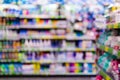 Blurry hypermarket, mall or shopping center background. Rows and shelves with household chemicals for washing and cleaning