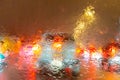 Blurry image of inside cars with bokeh lights with traffic jam and raining on night time for background usage. Royalty Free Stock Photo