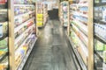 Blurry image interior of shopping mall shelves with nobody in perspective view of central aisle