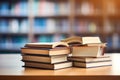 Blurred sunlit bookshelf background, stacked books on wooden table. Generative ai Royalty Free Stock Photo