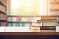 Blurry sunny bookshelf background, stacked books on wooden table. Generative ai Royalty Free Stock Photo