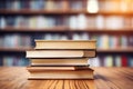 Books stacked on wooden patterned table. Generative ai Royalty Free Stock Photo