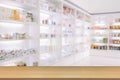 blurry medicine cabinet and store medicine and pharmacy drugstore for background with Perspective wood Royalty Free Stock Photo