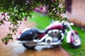 Blurry motorcycle in the rain and flowers