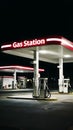 Blurry nighttime gas station background, urban ambiance in focus