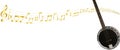 blurry out of focus image of Banjo with musical notes on white background with copy space. Image for music store, music school and