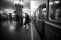 Blurry people upcomig to the Heroiv Dnipra station platform. Underground Metropolitan