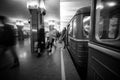 Blurry people upcomig to the Heroiv Dnipra station platform. Underground Metropolitan