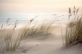 a blurry photo of a beach with grass blowing in the wind and the ocean in the background with a blurry sky in the foreground Royalty Free Stock Photo
