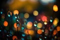 a blurry photo of a bunch of bubbles on a plant in the night time with a lot of lights in the backround