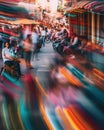 A blurry photo of a busy street with people. AI generative image.