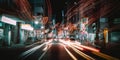 A blurry photo of a city street at night. AI generative image.