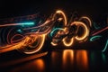 a blurry photo of a neon light design on a black background with a reflection of a car in the foreground Royalty Free Stock Photo