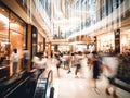 A blurry photo of people walking in a mall. AI generative image.