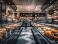 A blurry photo of a person shopping in a grocery store. AI generative image.