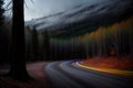 A Blurry Photo Of A Road In The Woods. Generative AI