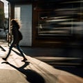 A blurry photo of a woman walking down the street. AI generative image . Motion blur.
