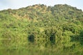 Blurry reflection of tree on water suface reservoir camping point for traveller in Thailand Royalty Free Stock Photo