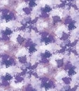 Blurry shibori tie dye abstract splash background. Seamless pattern on bleached resist white. Spring lilac pastel for irregular