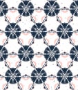 Blurry shibori tie dye sunburst circle background. Seamless pattern indigo coral bleached resist background. Japanese style