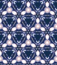 Blurry shibori tie dye triangle diamond background. Seamless pattern indigo coral bleached resist background. Japanese style