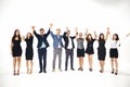 Blurry and Soft focus of smiling happy Businessman and Businesswomen celebrating success Achievement Arm Raised and show thumb up