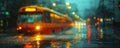 Blurry tram on a rainy city street at night Royalty Free Stock Photo