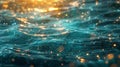 Blurry turquoise water with bubbles and golden sparks. Escapism abstract background.