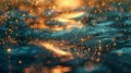 Blurry turquoise water with bubbles and golden sparks. Escapism abstract background.