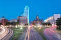 Blurred skyline and light trail traffic over Dealey Plaza in Dallas, Texas Royalty Free Stock Photo