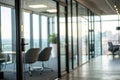 Blurry view of modern office through glass doors Royalty Free Stock Photo