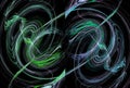 Blurry wavy blue and green lines create swirls against a black background. Abstract fractal background. 3d Royalty Free Stock Photo