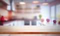 A blurry workplace in the kitchen with an empty wooden countertop in front of, generative AI Royalty Free Stock Photo